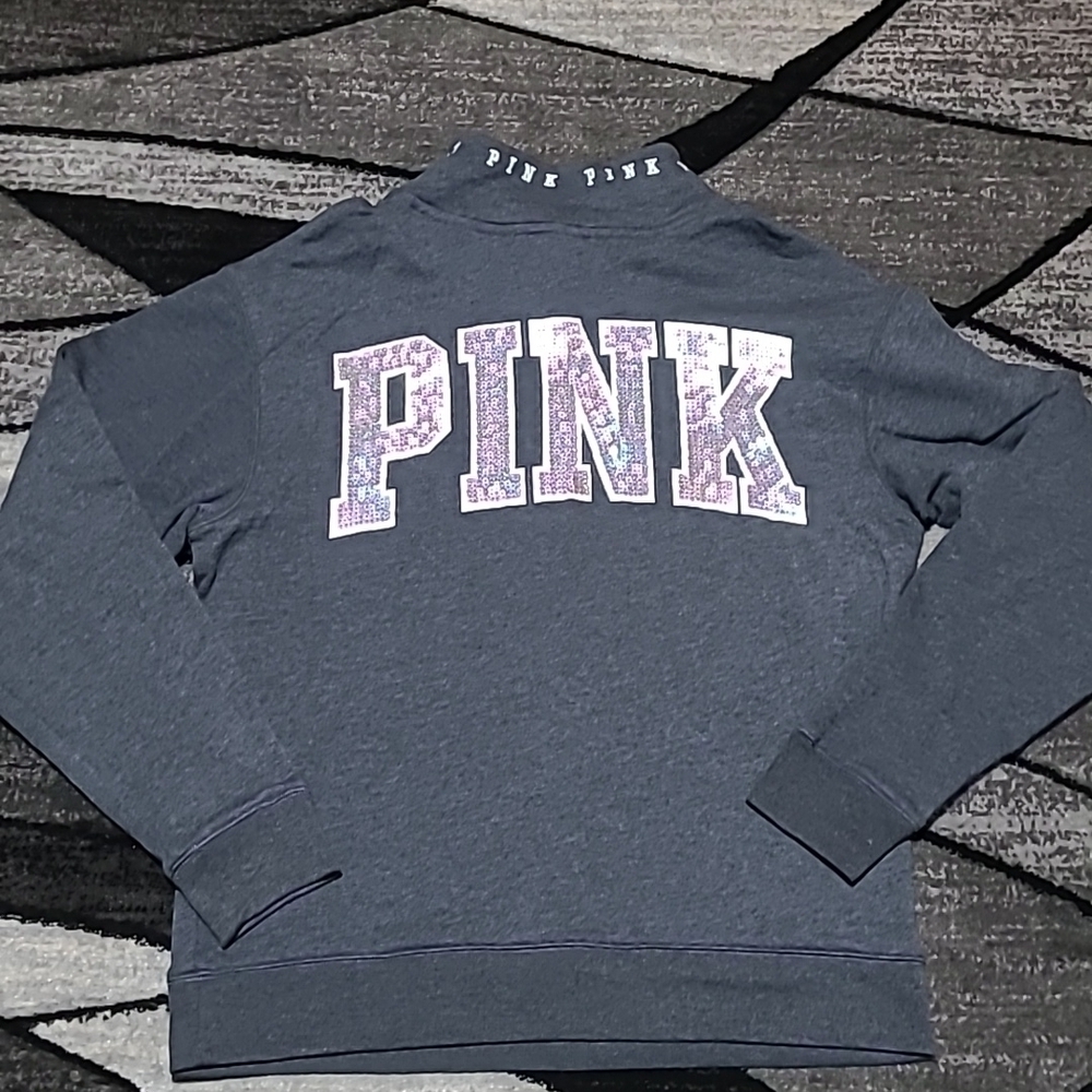 VS PINK 2017 LOGO BLING SEQUINS QUARTER-ZIP SWEATSHIRT